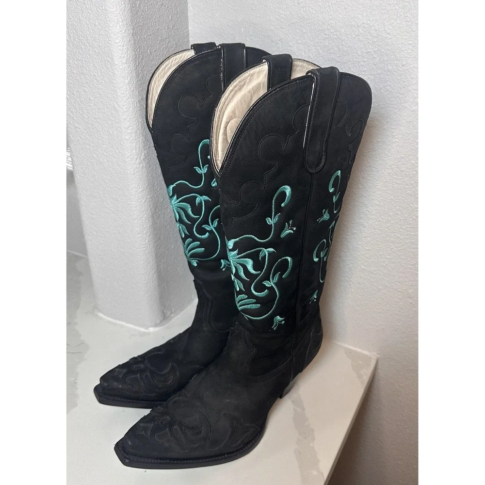 Lane Cowgirl Boots Black Suede Turquoise Embroidered Obsidian Strut 8.5 Festival